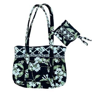 Vera Bradley Black Jasmine Flowers Quilted Multi-Pockets Small Shoulder Tote Bag